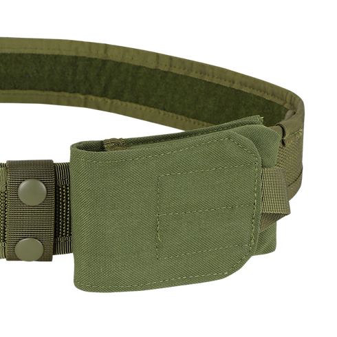 Close-up of the Condor Tech Sheath | SALE, an olive green tactical belt with pouch and snap button straps—designed for tool or gear storage, perfect for military personnel or first responders.