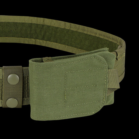 The Condor Tech Sheath is an olive green tactical belt with a Velcro pouch and snap buttons, crafted from durable fabric for bushcraft, shooting range sessions, or outdoor military use.