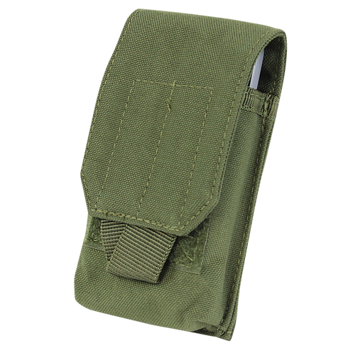 The Condor Tech Sheath | SALE is an olive green tactical nylon pouch with a flap closure and Velcro fastener, ideal for law enforcement or first responders to carry small items and accessories.