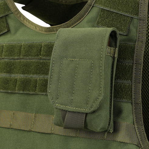 Close-up of the Condor Tech Sheath | SALE, a green tactical vest with a front pouch, visible stitching, velcro, and webbing—perfect for law enforcement or first responders.