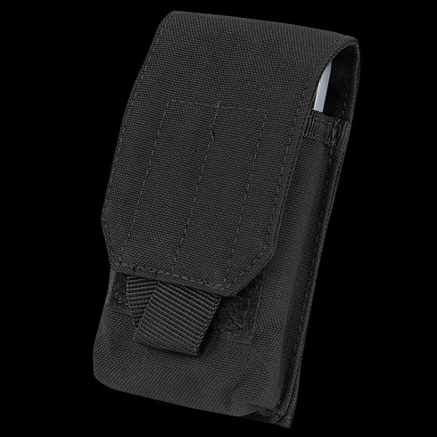 The Condor Tech Sheath is a black nylon EDC pouch with a front flap and hook-and-loop closure, ideal for carrying tools, phones, or small accessories—perfect for bushcraft or military use.