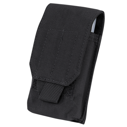 The Condor Tech Sheath is a black nylon EDC pouch with a front flap and hook-and-loop closure, ideal for carrying tools, phones, or small accessories—perfect for bushcraft or military use.