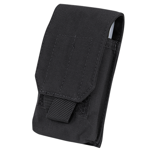 The Condor Tech Sheath is a black nylon EDC pouch with a front flap and hook-and-loop closure, ideal for carrying tools, phones, or small accessories—perfect for bushcraft or military use.