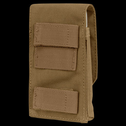 The Condor Tech Sheath is a tan tactical nylon pouch with two horizontal front straps and a flap closure, ideal for military use or keeping your EDC gear organized at the range.