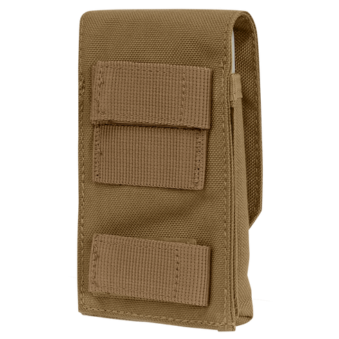The Condor Tech Sheath is a tan tactical nylon pouch with two horizontal front straps and a flap closure, ideal for military use or keeping your EDC gear organized at the range.
