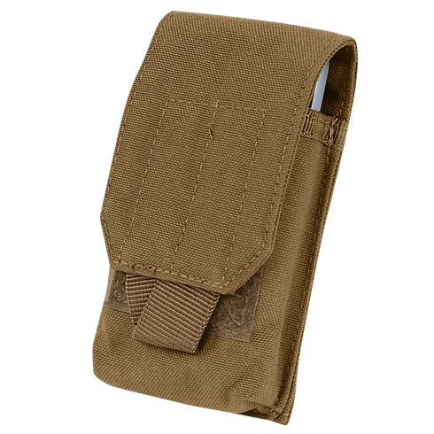 The Condor Tech Sheath is a brown tactical pouch crafted from durable fabric, featuring a flap closure and a front strap, shown against a white background.