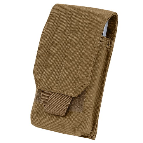The Condor Tech Sheath is a brown tactical pouch crafted from durable fabric, featuring a flap closure and a front strap, shown against a white background.