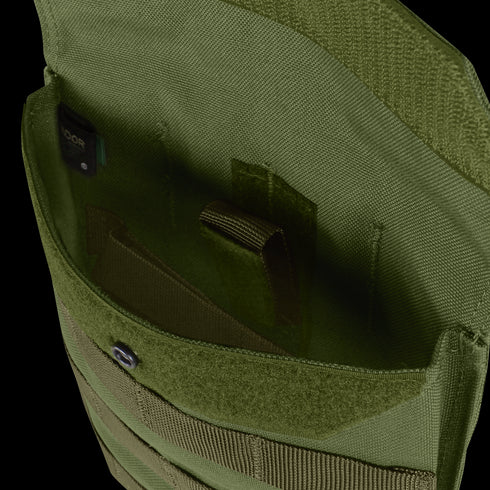 Close-up view of the interior of an empty Condor Side Plate Pouch in olive green, featuring visible inner compartments and a hook-and-loop fastener.