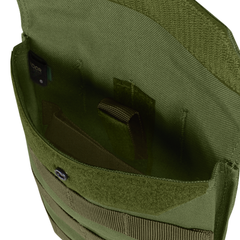 Close-up view of the interior of an empty Condor Side Plate Pouch in olive green, featuring visible inner compartments and a hook-and-loop fastener.