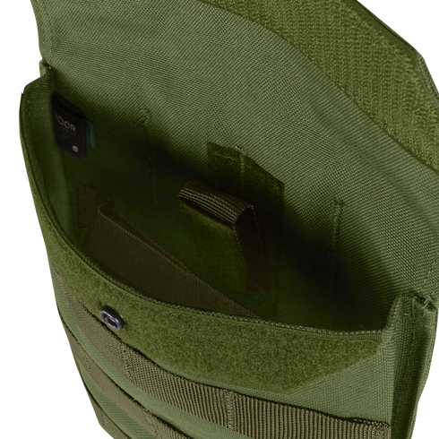 Close-up view of the interior of an empty Condor Side Plate Pouch in olive green, featuring visible inner compartments and a hook-and-loop fastener.