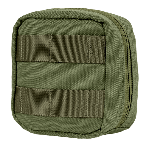 The Condor 4 x 4 Utility Pouch is a compact olive-green pouch made from durable fabric, featuring a zipper closure and horizontal MOLLE straps on the front for easy attachment.