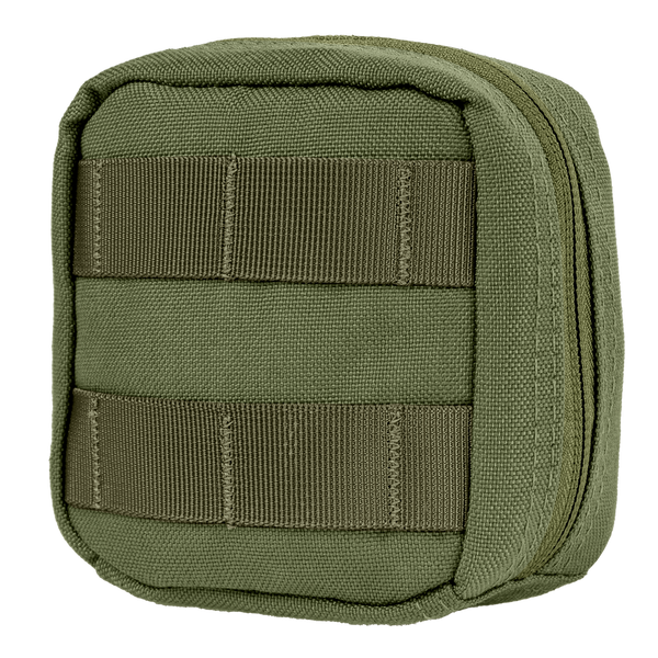 The Condor 4 x 4 Utility Pouch is a compact olive-green pouch made from durable fabric, featuring a zipper closure and horizontal MOLLE straps on the front for easy attachment.