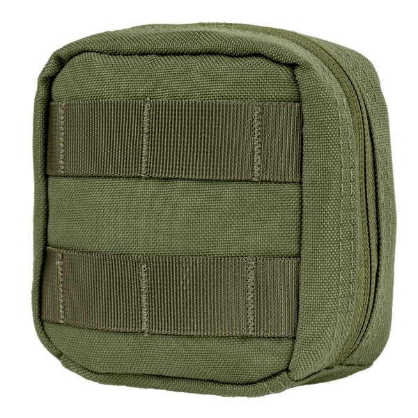 The Condor 4 x 4 Utility Pouch is a compact olive-green pouch made from durable fabric, featuring a zipper closure and horizontal MOLLE straps on the front for easy attachment.