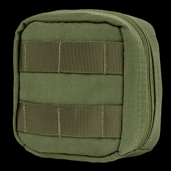 The Condor 4 x 4 Utility Pouch in Olive Drab features a zipper and horizontal MOLLE webbing on the front.