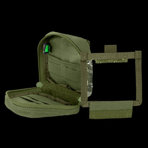 The Condor 4 x 4 Utility Pouch in olive green features a zippered opening, internal compartments, elastic straps, and a clear plastic window section on the right side.