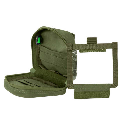 The Condor 4 x 4 Utility Pouch in olive green features organized compartments, a mesh pocket, and an attached transparent panel, all shown against a plain white background.