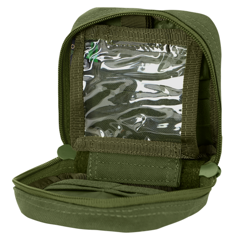The Condor 4 x 4 Utility Pouch features a green zippered design with a clear plastic window compartment, displayed open to reveal interior pockets and storage sections.