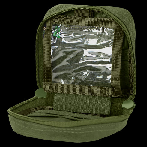 The Condor 4 x 4 Utility Pouch is an open green tactical pouch with a clear plastic window inside, ideal for holding and displaying documents or identification.