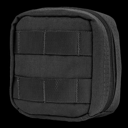 The Condor 4 x 4 Utility Pouch is a compact black pouch featuring front horizontal webbing and a right-side zippered closure, perfect for military use or shooting range trips.