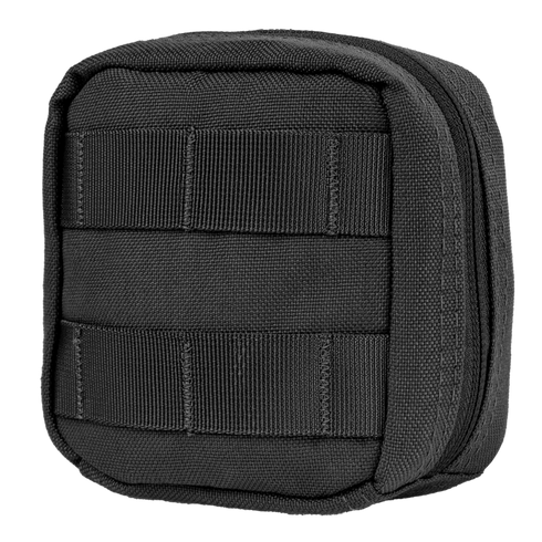 The Condor 4 x 4 Utility Pouch is a compact black pouch featuring front horizontal webbing and a right-side zippered closure, perfect for military use or shooting range trips.
