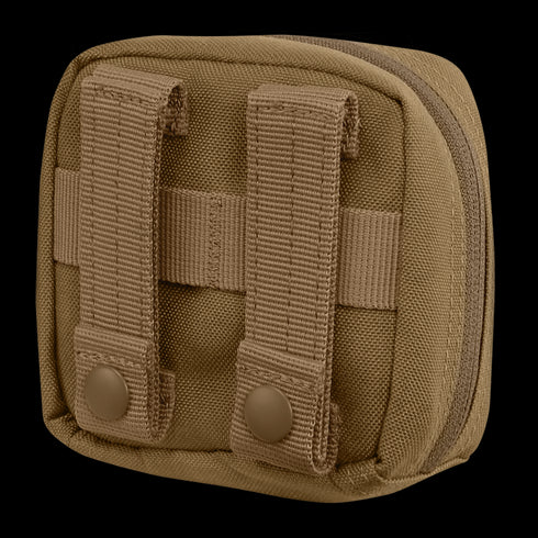 The Condor 4 x 4 Utility Pouch is a small tan pouch with two vertical straps and snap buttons on the back for easy MOLLE attachment—ideal for EDC enthusiasts or bushcraft adventures.