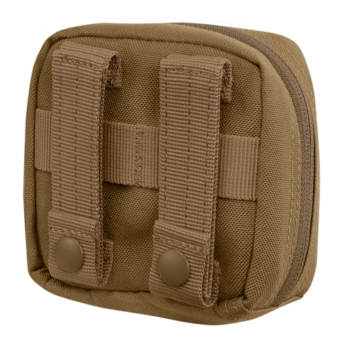 The Condor 4 x 4 Utility Pouch is a small tan tactical pouch with two vertical straps and snap buttons on the back, allowing easy attachment to gear or a belt.
