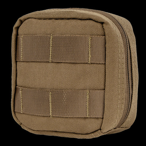 The Condor 4 x 4 Utility Pouch is a compact, square tan pouch with a zipper and front horizontal MOLLE webbing, perfect for military or EDC use.