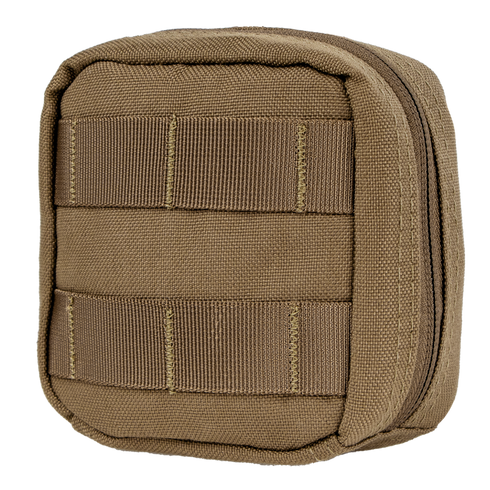 The Condor 4 x 4 Utility Pouch is a compact, square tan pouch with a zipper and front horizontal MOLLE webbing, perfect for military or EDC use.