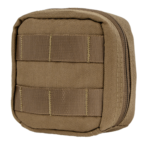 The Condor 4 x 4 Utility Pouch is a compact, square tan pouch with a zipper and front horizontal MOLLE webbing, perfect for military or EDC use.