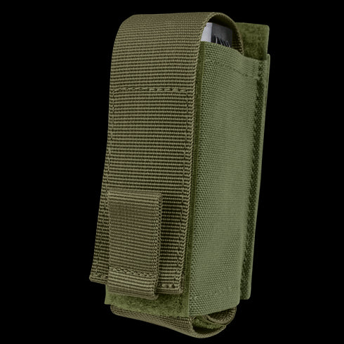 The Condor OC Pouch in Olive Drab is a tactical nylon pouch with a flap cover, partially revealing a small rectangular object inside.