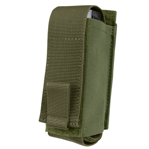 The Condor OC Pouch in Olive Drab is a tactical nylon pouch with a flap cover, partially revealing a small rectangular object inside.