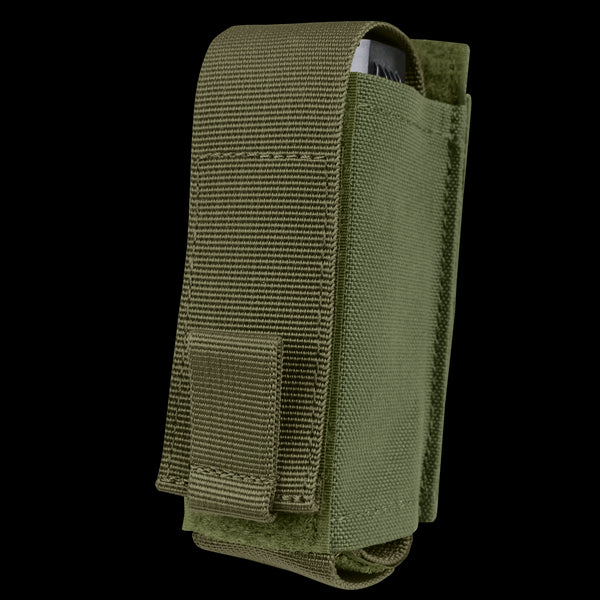 The Condor OC Pouch in Olive Drab is a tactical nylon pouch with a flap cover, partially revealing a small rectangular object inside.