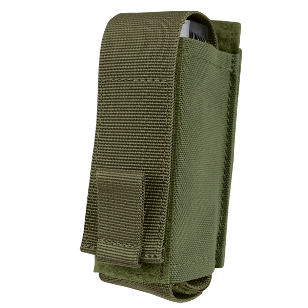 The Condor OC Pouch in Olive Drab is a tactical nylon pouch with a flap cover, partially revealing a small rectangular object inside.