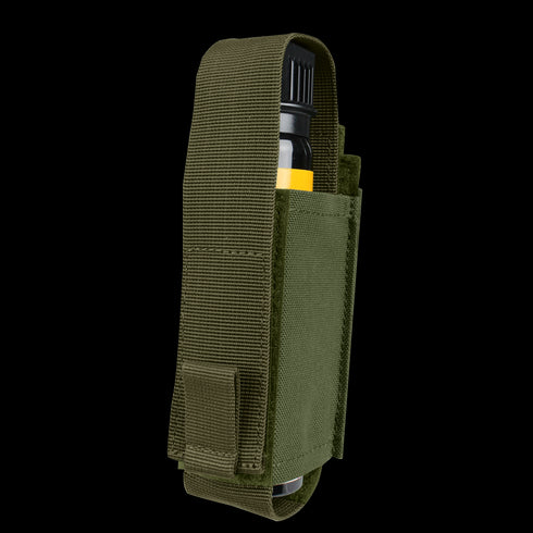 The Condor OC Pouch is an olive green fabric case with reinforced stitching, a hook-and-loop closure, and designed to hold a cylindrical black and yellow item.