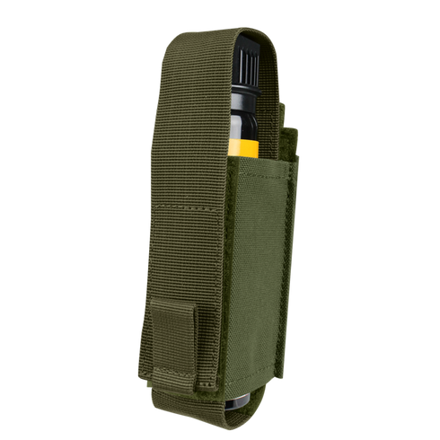 The Condor OC Pouch is an olive green fabric case with reinforced stitching, a hook-and-loop closure, and designed to hold a cylindrical black and yellow item.