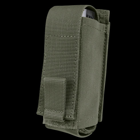 The Condor OC Pouch is an olive green nylon tactical pouch with a flap closure and visible stitching, partially revealing a white item inside.