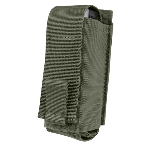 The Condor OC Pouch is an olive green nylon tactical pouch with a flap closure and visible stitching, partially revealing a white item inside.