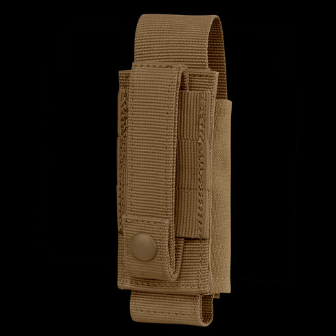The Condor OC Pouch is a tan nylon tactical pouch with snap-button closure and belt loop, ideal for carrying small items like a flashlight, multitool, or magazine.