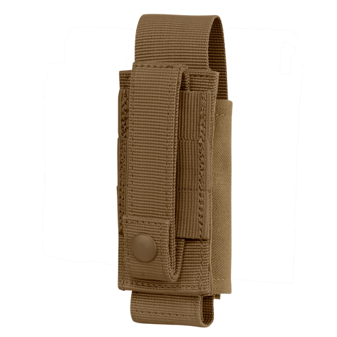 The Condor OC Pouch is a tan nylon tactical pouch with snap-button closure and belt loop, ideal for carrying small items like a flashlight, multitool, or magazine.