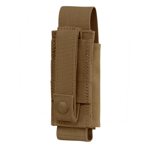 The Condor OC Pouch is a tan nylon tactical pouch with snap-button closure and belt loop, ideal for carrying small items like a flashlight, multitool, or magazine.