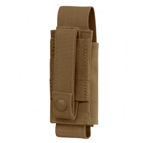 The Condor OC Pouch is a tan nylon tactical pouch with snap-button closure and belt loop, ideal for carrying small items like a flashlight, multitool, or magazine.