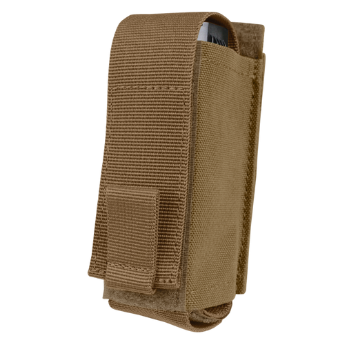 The Condor OC Pouch is a tan nylon tactical pouch with a flap closure, partially revealing a rectangular object inside.