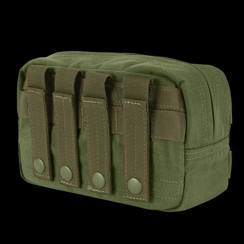 The Condor Utility Pouch is an olive green tactical pouch made from durable fabric, featuring four strap attachments and snap buttons on the front.