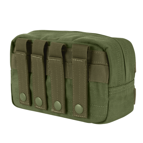 The Condor Utility Pouch is an olive green tactical pouch made from durable fabric, featuring four strap attachments and snap buttons on the front.