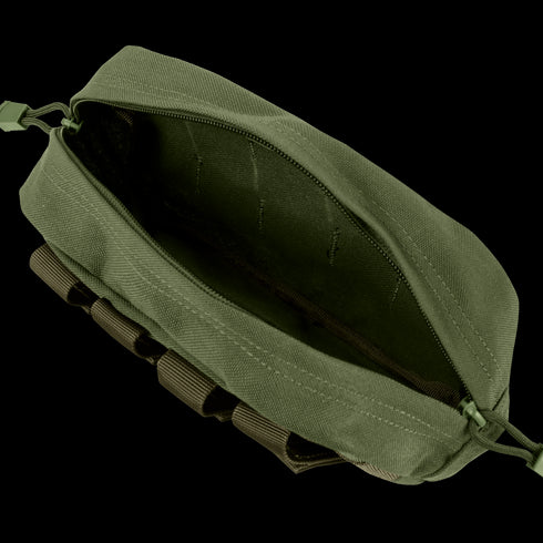 The Condor Utility Pouch is an open, empty zippered pouch in olive green fabric, displaying its interior and external loops.