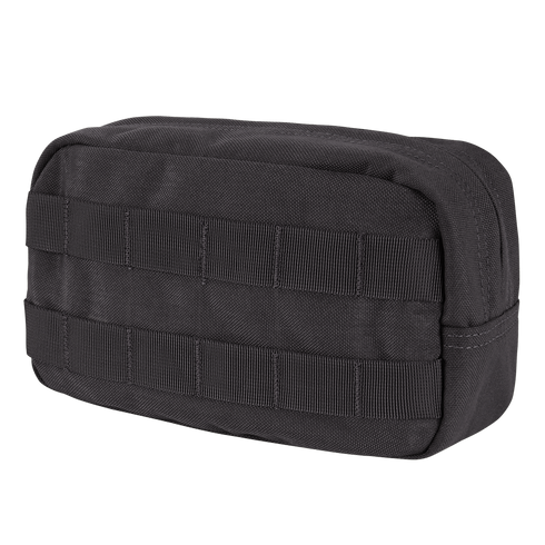 The Condor Utility Pouch is a small, rectangular black pouch with front MOLLE webbing, made of durable fabric and ideal for law enforcement use. Photographed on a white background.