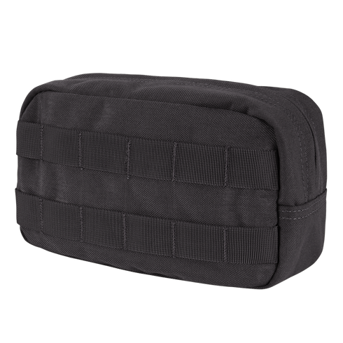 The Condor Utility Pouch is a small, rectangular black pouch with front MOLLE webbing, made of durable fabric and ideal for law enforcement use. Photographed on a white background.