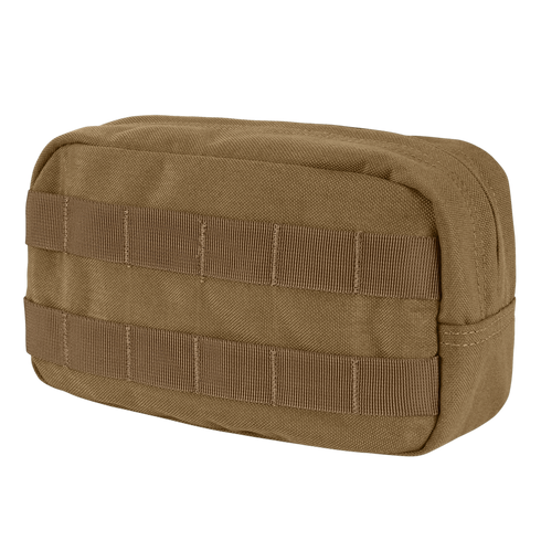 The Condor Utility Pouch is a rectangular tan tactical pouch with durable fabric and MOLLE webbing on the front and side—ideal for EDC or law enforcement use.