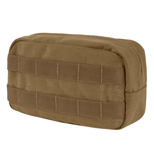 The Condor Utility Pouch is a rectangular tan tactical pouch with durable fabric and MOLLE webbing on the front and side—ideal for EDC or law enforcement use.