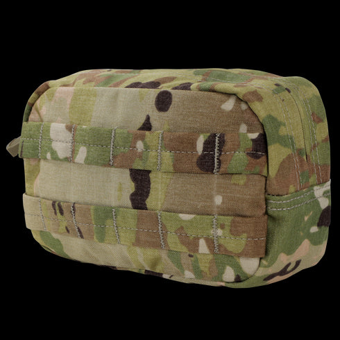 The Condor Utility Pouch in Scorpion OCP features a rectangular shape, camouflage pattern, horizontal stitched loops, and a side zipper, shown against a white background.